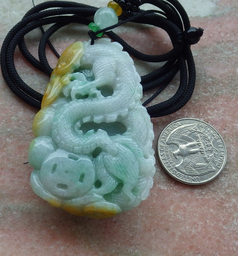 Certified Yellow Green Burma 100% Natural A Jade jadeite Pendant Dragon Coin Ruyi Necklace 生意兴隆 634800 TN