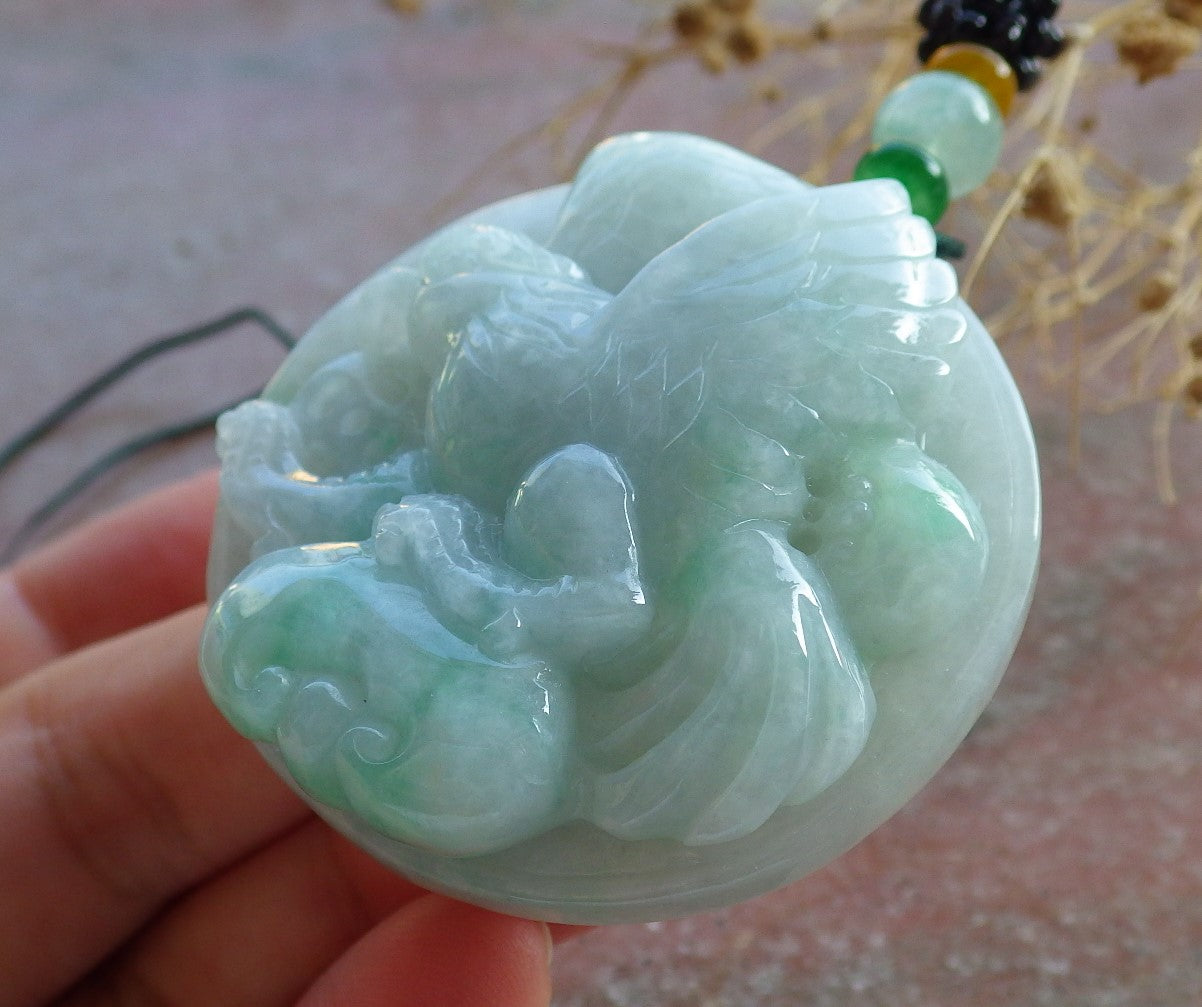 Certified Green Burma 100% Natural A Jade jadeite Pendant Eagle Ruyi Coin Necklace 大展宏图 637209 TN