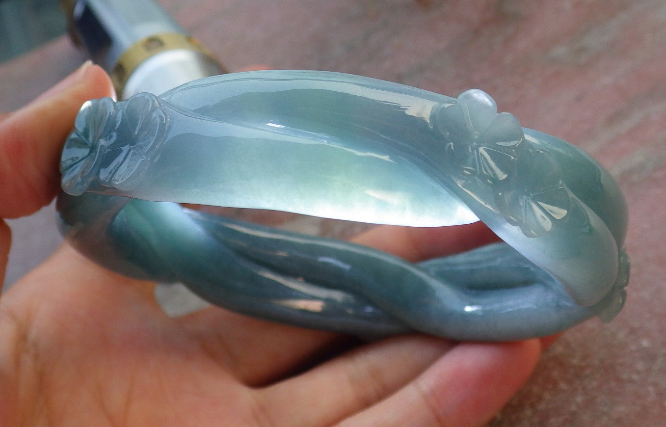 Certified Icy Green Burma 100% Natural A JADE Jadeite Flower Knotted Bangle Bracelet 63 mm 637216 TN