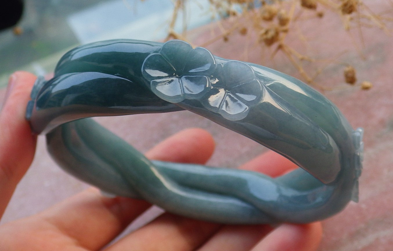 Certified Icy Green Burma 100% Natural A JADE Jadeite Flower Knotted Bangle Bracelet 63 mm 637216 TN