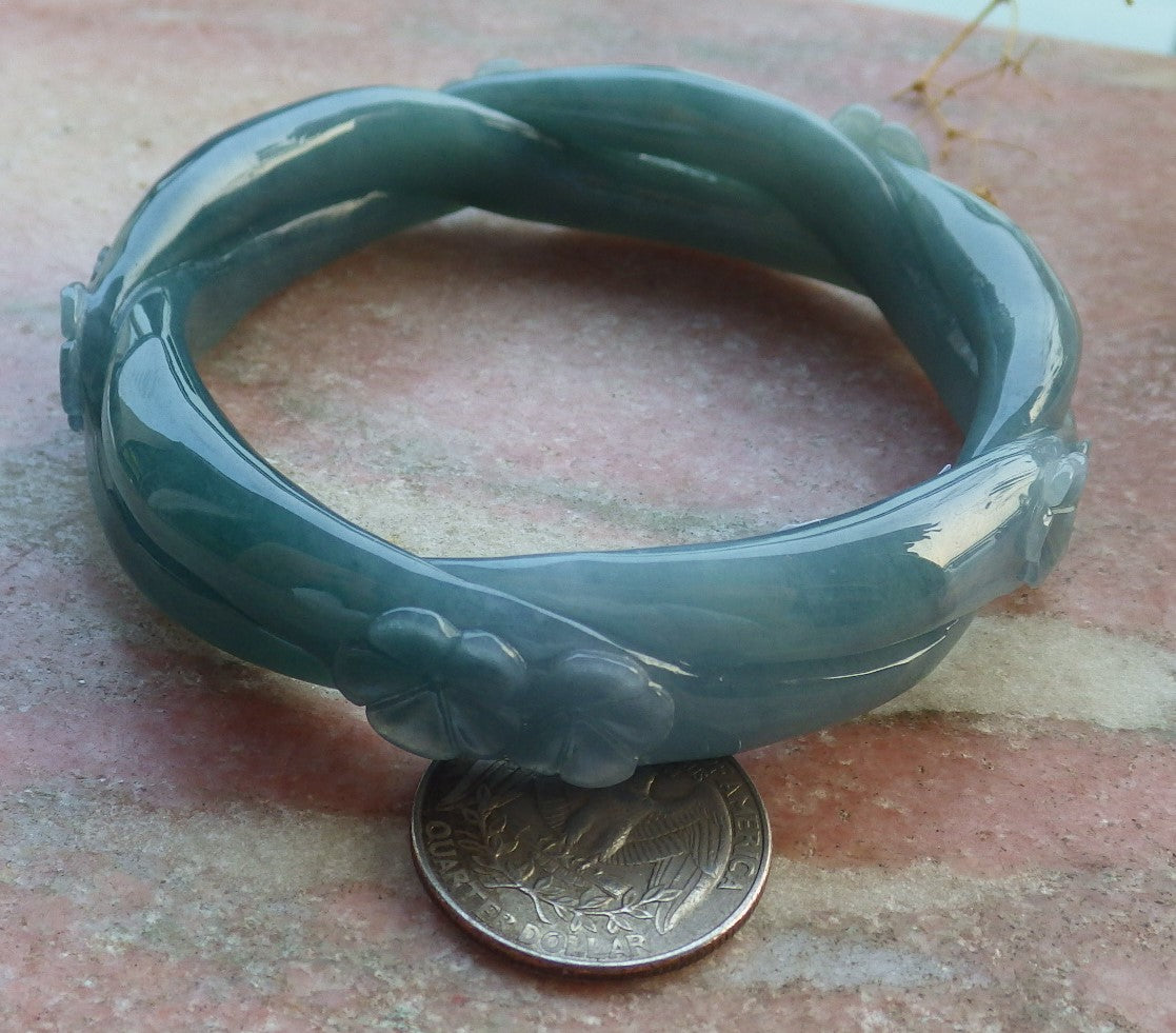 Certified Icy Green Burma 100% Natural A JADE Jadeite Flower Knotted Bangle Bracelet 63 mm 637216 TN