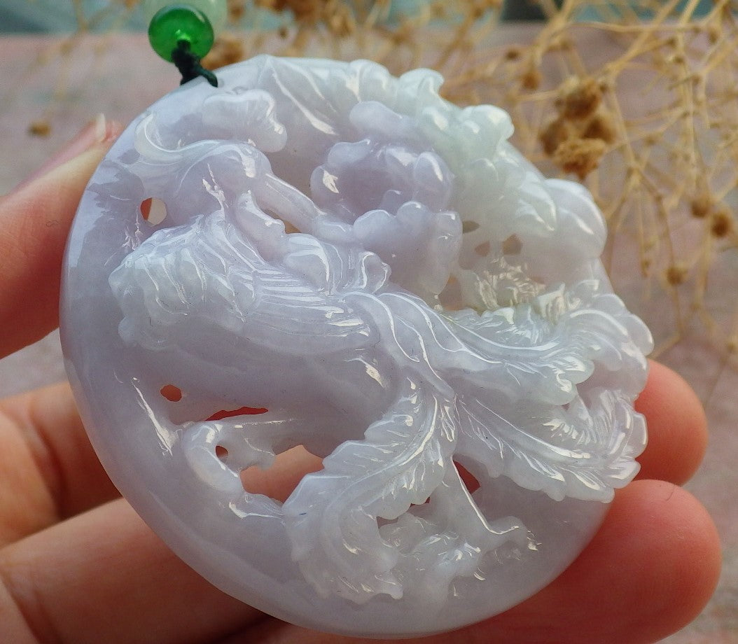 Certified Lavende Green Burma 100% Natural A Jade jadeite Pendant Phoenix Flower Necklace 凤凰 637297 TN