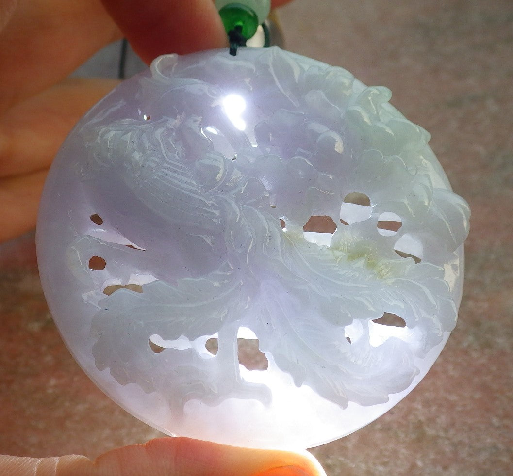 Certified Lavende Green Burma 100% Natural A Jade jadeite Pendant Phoenix Flower Necklace 凤凰 637297 TN