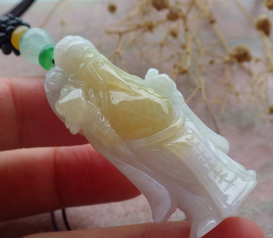 Certified Yellow Green Burma 100% Natural A Jade jadeite Pendant Money God Yuan Bao Ruyi Necklace 财神 637380 TN