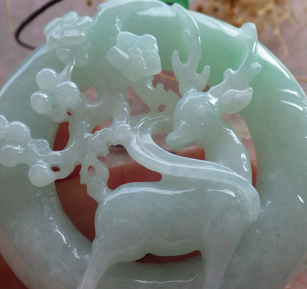 Certified Green Burma 100% Natural A Jade jadeite Pendant Deer Flower Circle Necklace 梅花鹿 637521 TN