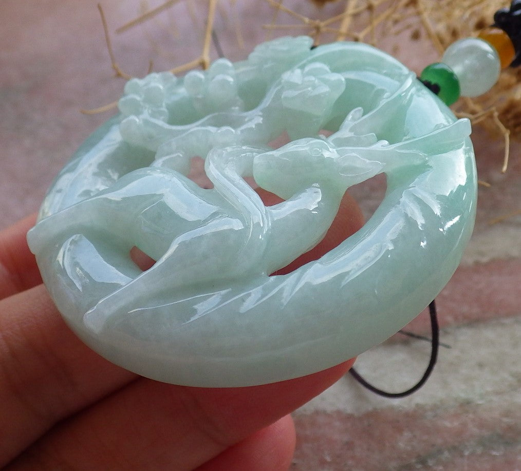 Certified Green Burma 100% Natural A Jade jadeite Pendant Deer Flower Circle Necklace 梅花鹿 637521 TN