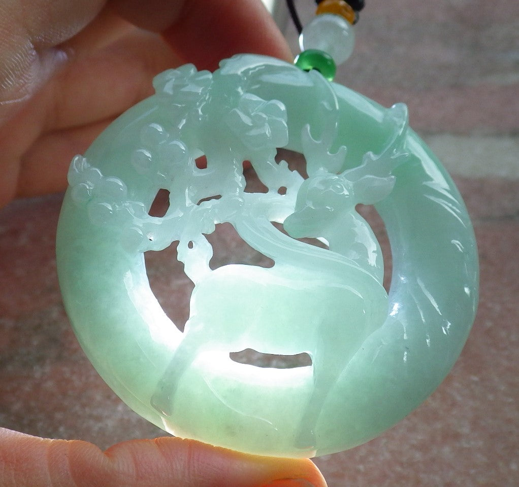 Certified Green Burma 100% Natural A Jade jadeite Pendant Deer Flower Circle Necklace 梅花鹿 637521 TN