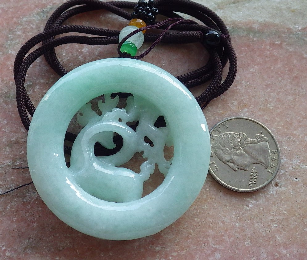 Certified Green Burma 100% Natural A Jade jadeite Pendant Deer Flower Circle Necklace 梅花鹿 637521 TN