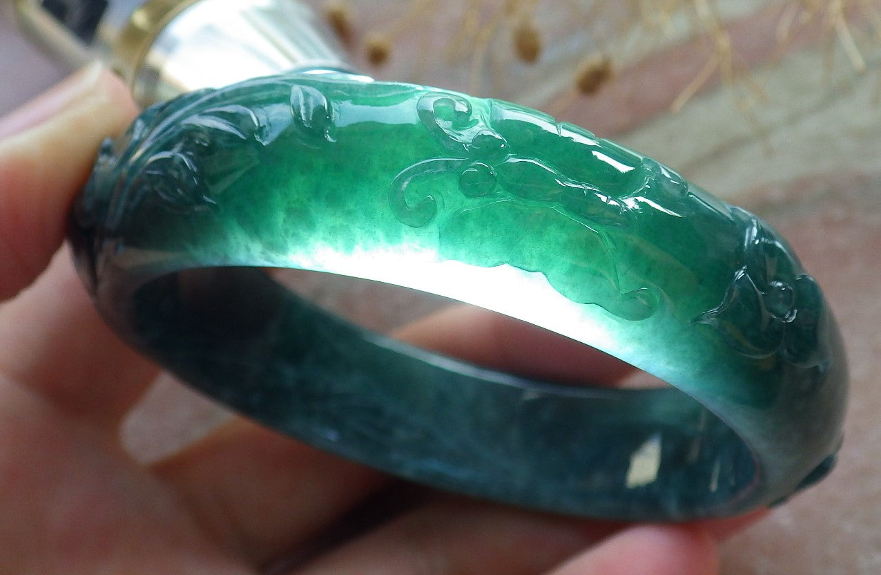Certified Icy Green Burma 100% Natural A JADE Jadeite Butterfly Flower Bangle Bracelet 56 mm 手镯 637709 AS