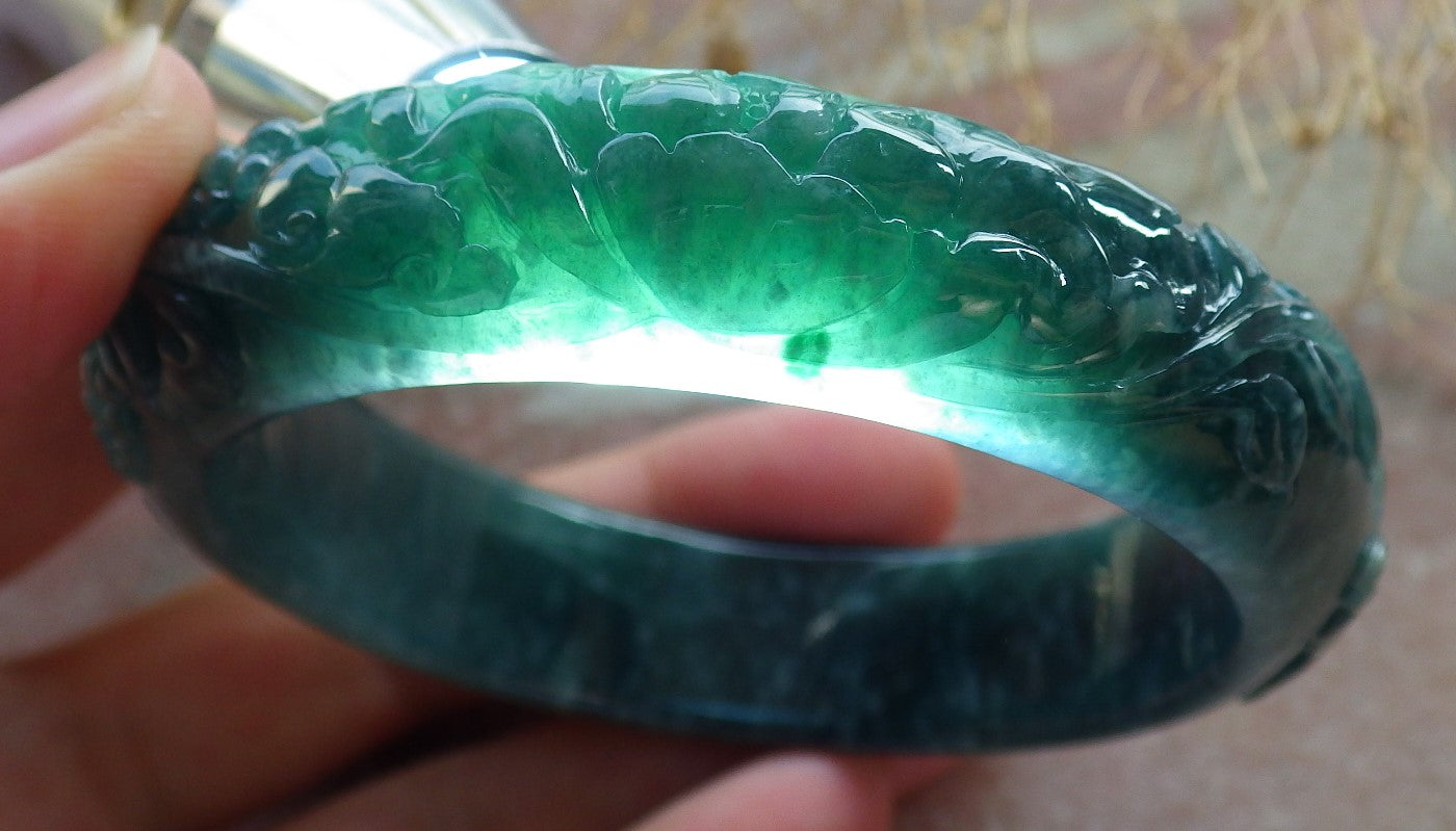 Certified Icy Green Burma 100% Natural A JADE Jadeite Butterfly Flower Bangle Bracelet 56 mm 手镯 637709 AS