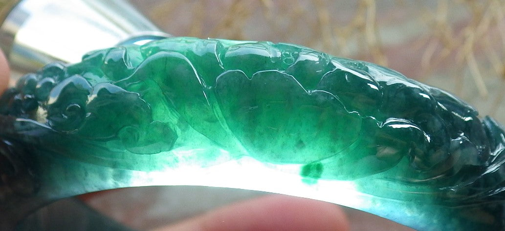 Certified Icy Green Burma 100% Natural A JADE Jadeite Butterfly Flower Bangle Bracelet 56 mm 手镯 637709 AS