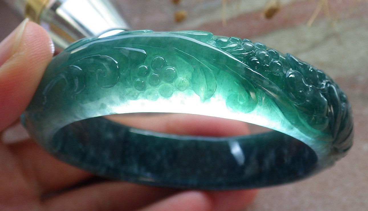 Certified Icy Green Burma 100% Natural A JADE Jadeite Butterfly Flower Bangle Bracelet 56 mm 手镯 637709 AS
