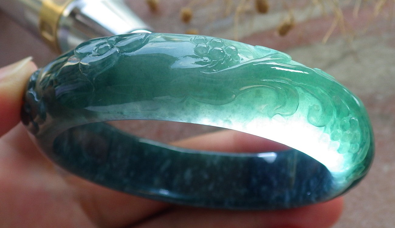 Certified Icy Green Burma 100% Natural A JADE Jadeite Butterfly Flower Bangle Bracelet 56 mm 手镯 637709 AS