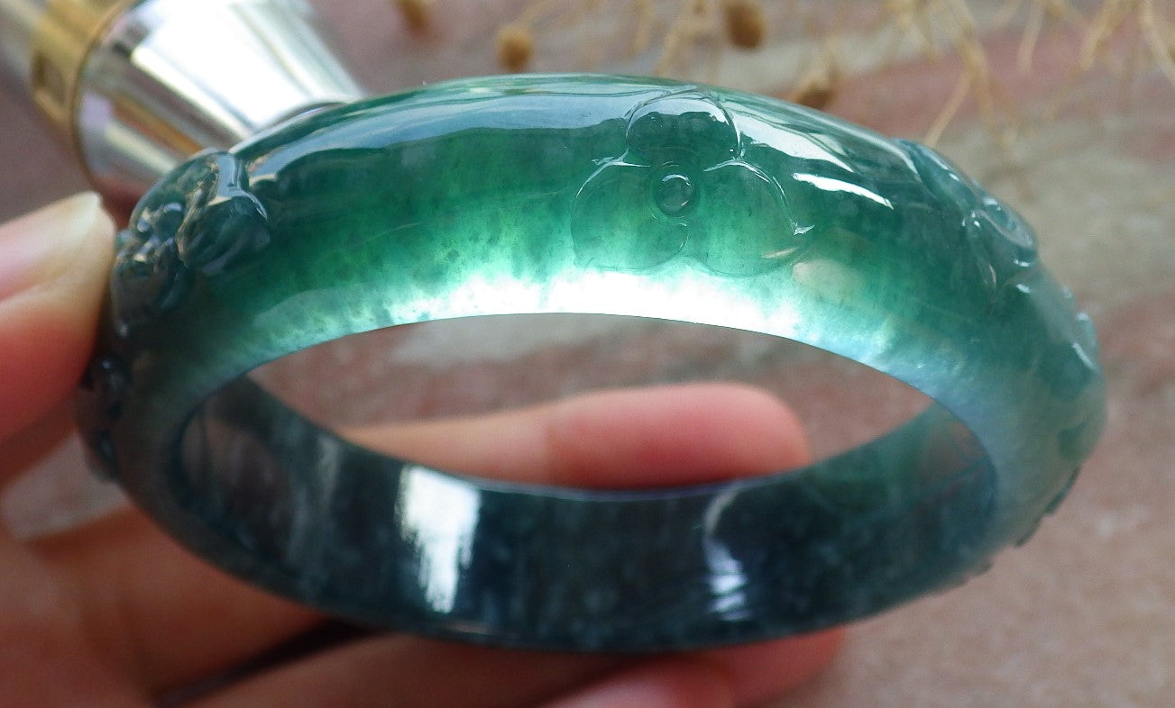 Certified Icy Green Burma 100% Natural A JADE Jadeite Butterfly Flower Bangle Bracelet 56 mm 手镯 637709 AS