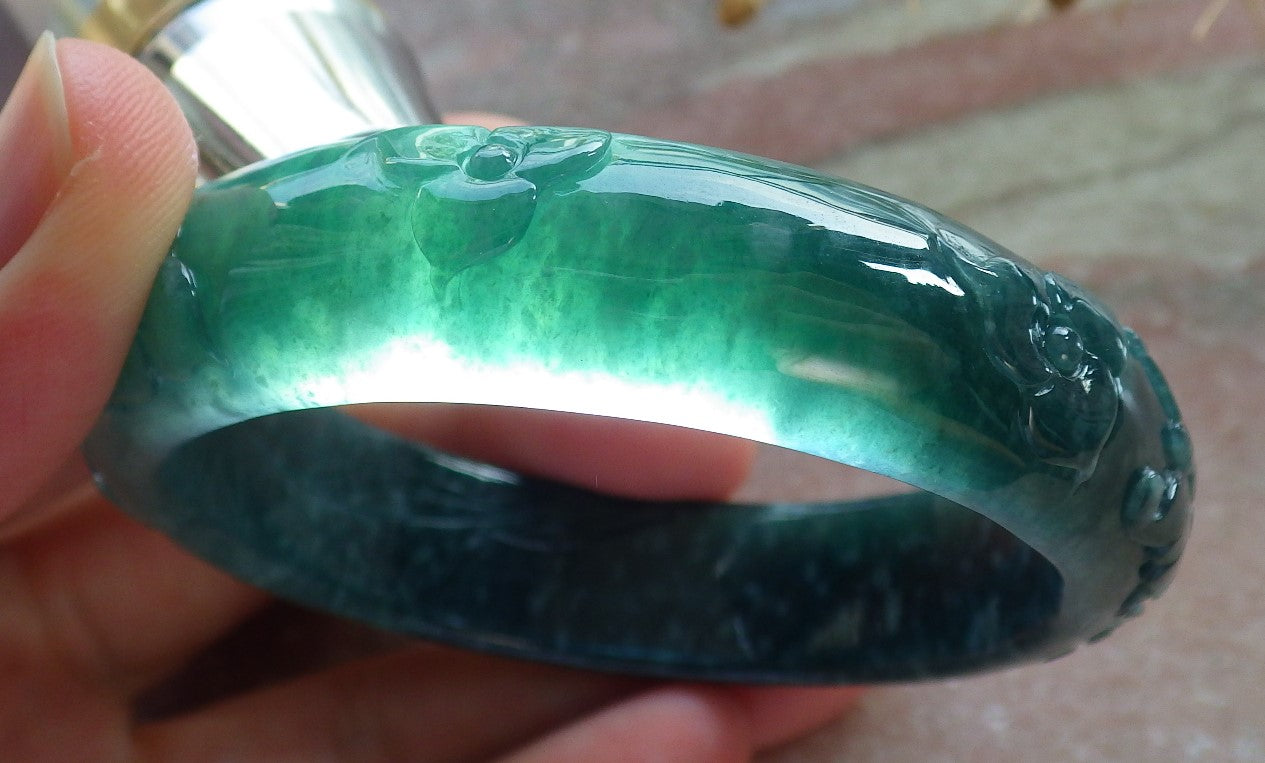 Certified Icy Green Burma 100% Natural A JADE Jadeite Butterfly Flower Bangle Bracelet 56 mm 手镯 637709 AS