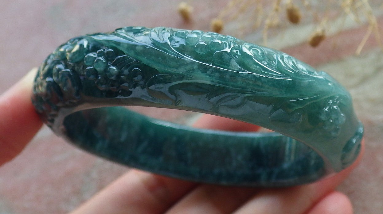 Certified Icy Green Burma 100% Natural A JADE Jadeite Butterfly Flower Bangle Bracelet 56 mm 手镯 637709 AS