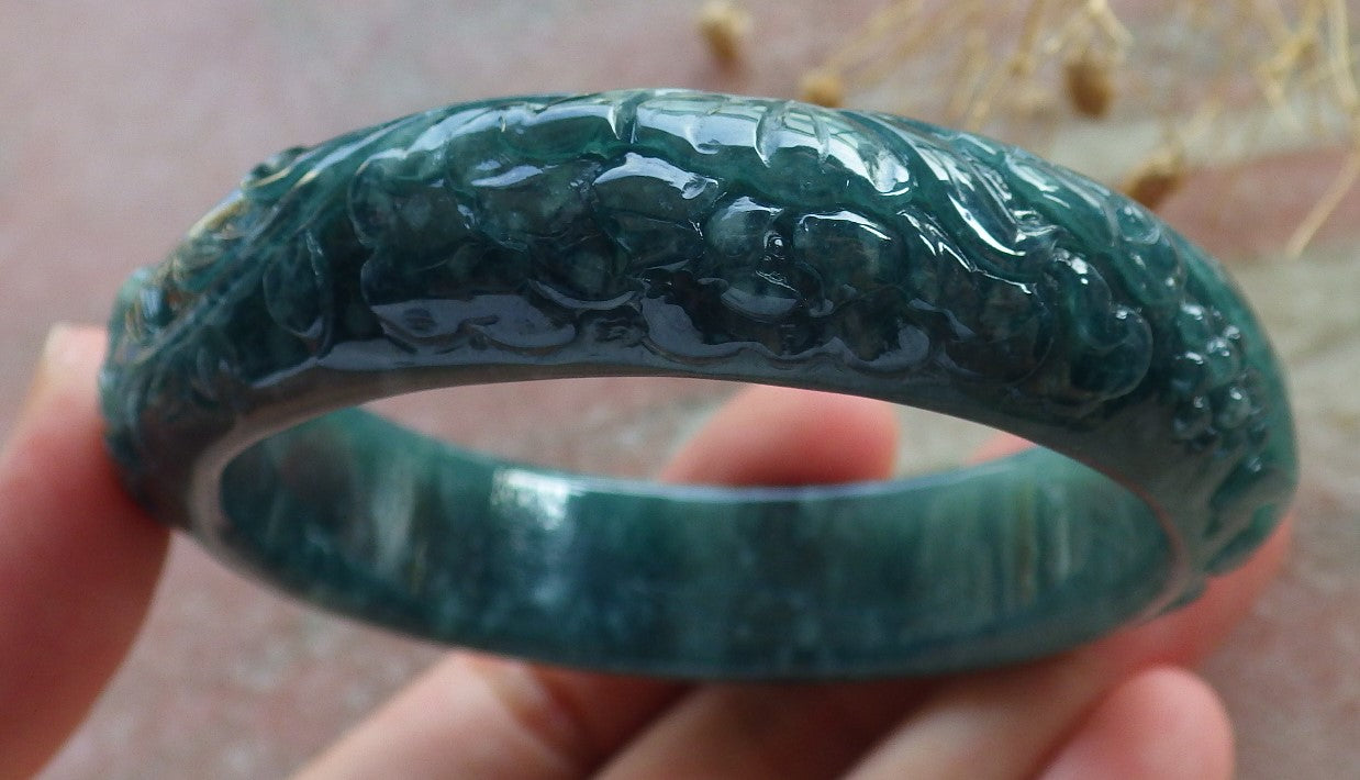 Certified Icy Green Burma 100% Natural A JADE Jadeite Butterfly Flower Bangle Bracelet 56 mm 手镯 637709 AS