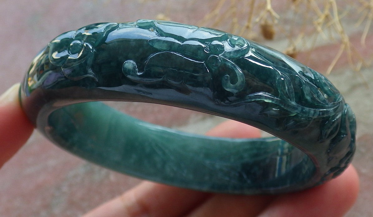 Certified Icy Green Burma 100% Natural A JADE Jadeite Butterfly Flower Bangle Bracelet 56 mm 手镯 637709 AS