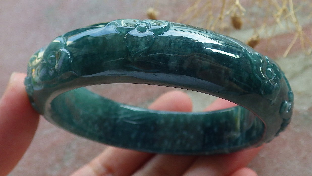 Certified Icy Green Burma 100% Natural A JADE Jadeite Butterfly Flower Bangle Bracelet 56 mm 手镯 637709 AS