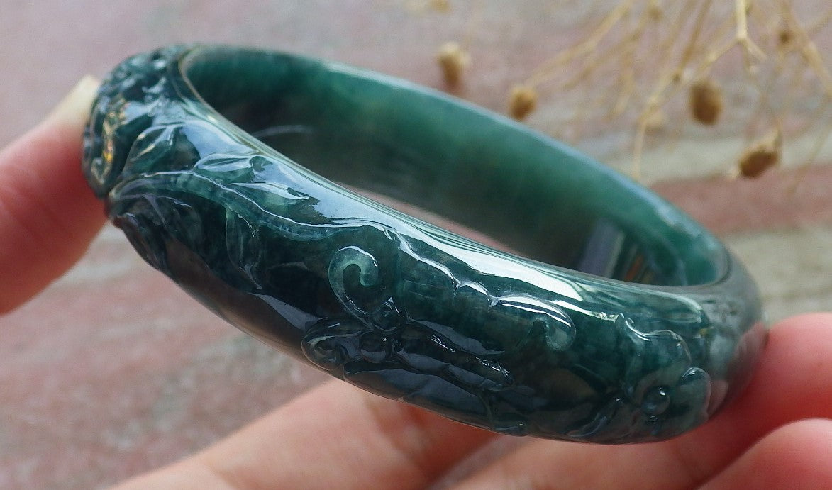 Certified Icy Green Burma 100% Natural A JADE Jadeite Butterfly Flower Bangle Bracelet 56 mm 手镯 637709 AS