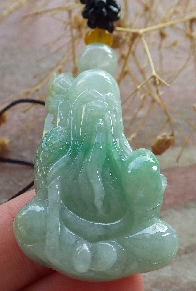 Certified Green Burma 100% Natural A Jade jadeite Pendant Longevity God Dragon Peach Necklace 寿星公 637749 TN