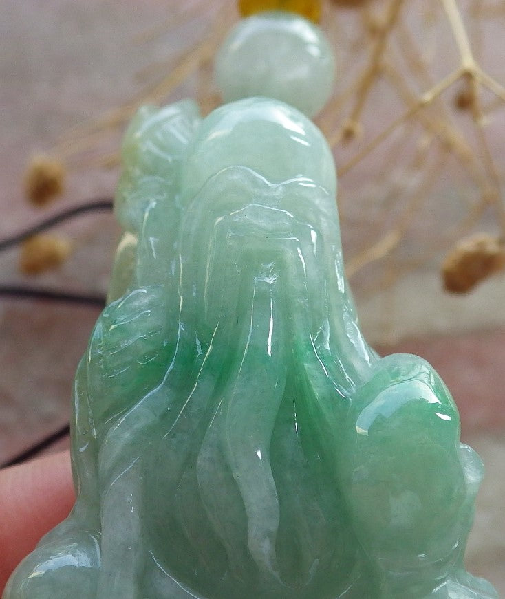 Certified Green Burma 100% Natural A Jade jadeite Pendant Longevity God Dragon Peach Necklace 寿星公 637749 TN