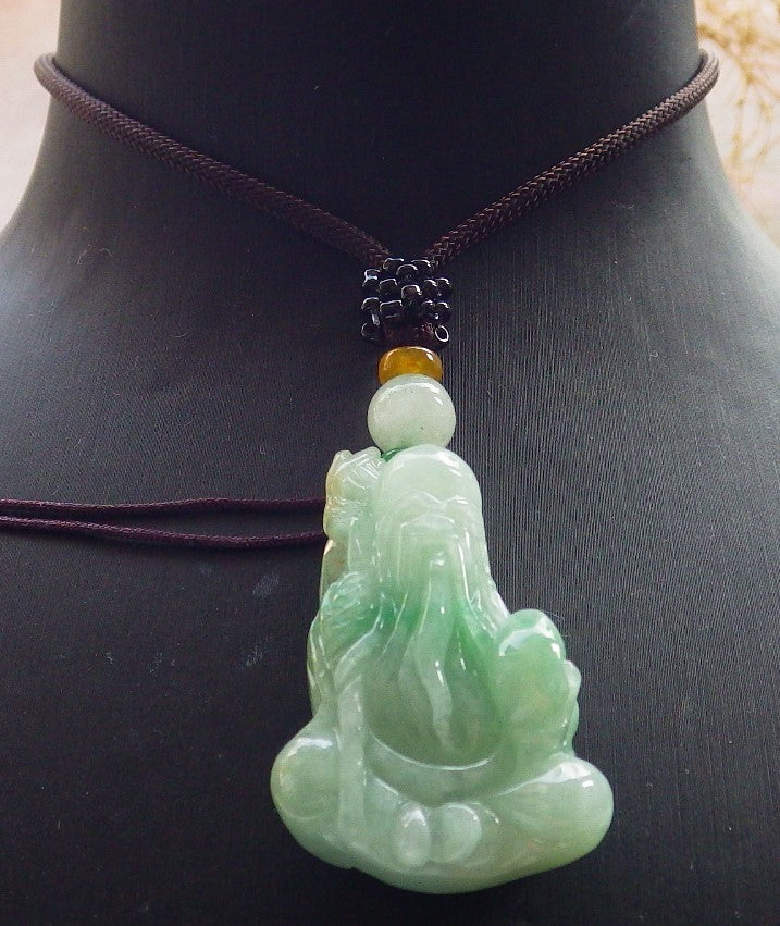Certified Green Burma 100% Natural A Jade jadeite Pendant Longevity God Dragon Peach Necklace 寿星公 637749 TN