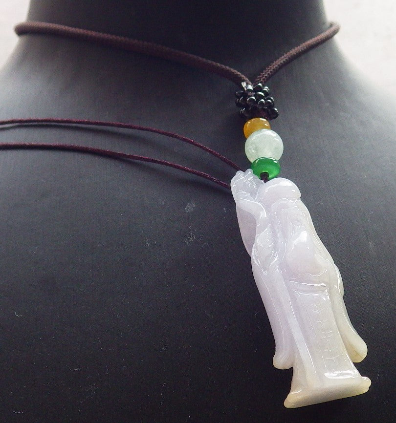 Certified Lavender Burma 100% Natural A Jade jadeite Pendant Longevity God Dragon Peach Necklace 寿星公 637782 TN