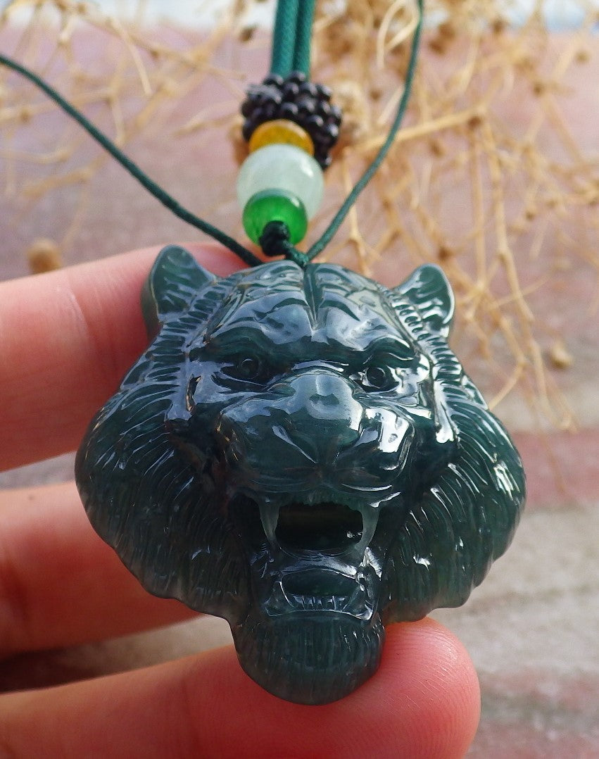 Certified Icy Green Burma 100% Natural A Jade jadeite Pendant Tiger Head Necklace 虎虎生威 637880 TN