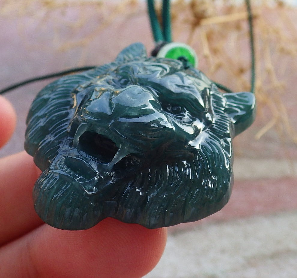 Certified Icy Green Burma 100% Natural A Jade jadeite Pendant Tiger Head Necklace 虎虎生威 637880 TN