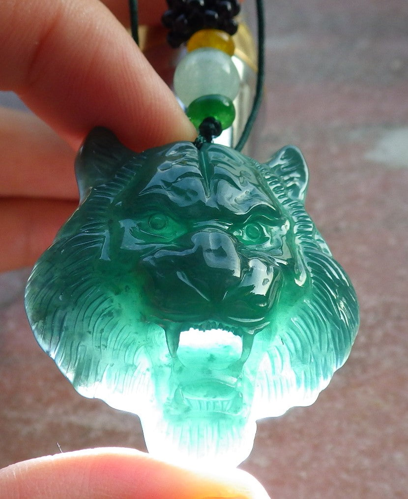 Certified Icy Green Burma 100% Natural A Jade jadeite Pendant Tiger Head Necklace 虎虎生威 637880 TN