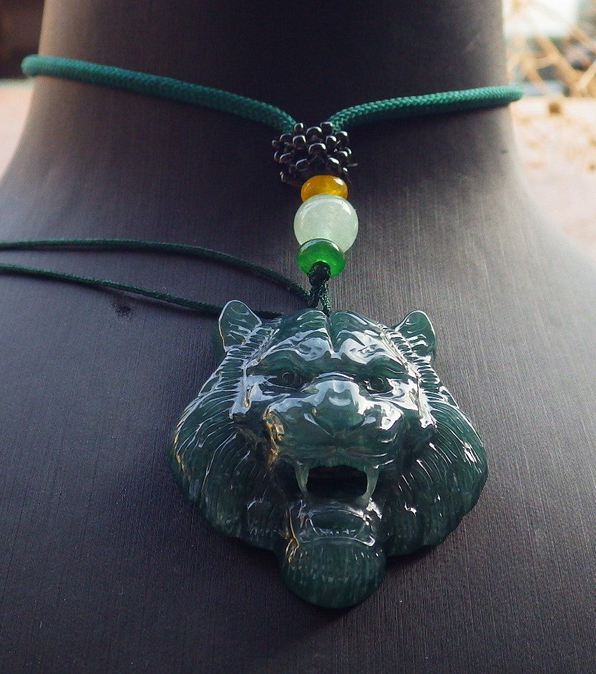 Certified Icy Green Burma 100% Natural A Jade jadeite Pendant Tiger Head Necklace 虎虎生威 637880 TN
