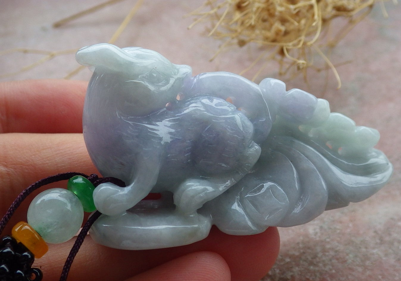 Certified Lavender Green Burma 100% Natural A Jade jadeite Pendant Fox Flower Coin Necklace 狐狸 638159 TN