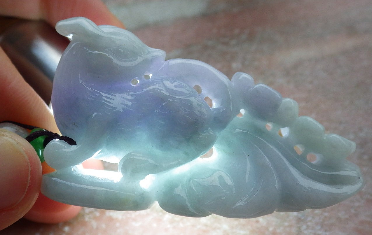 Certified Lavender Green Burma 100% Natural A Jade jadeite Pendant Fox Flower Coin Necklace 狐狸 638159 TN