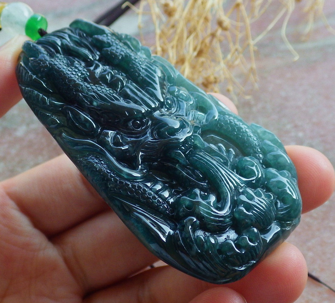 Certified Icy Green Burma 100% Natural A Jade jadeite Pendant Dragon Ruyi Necklace 生意兴隆 638524 TN