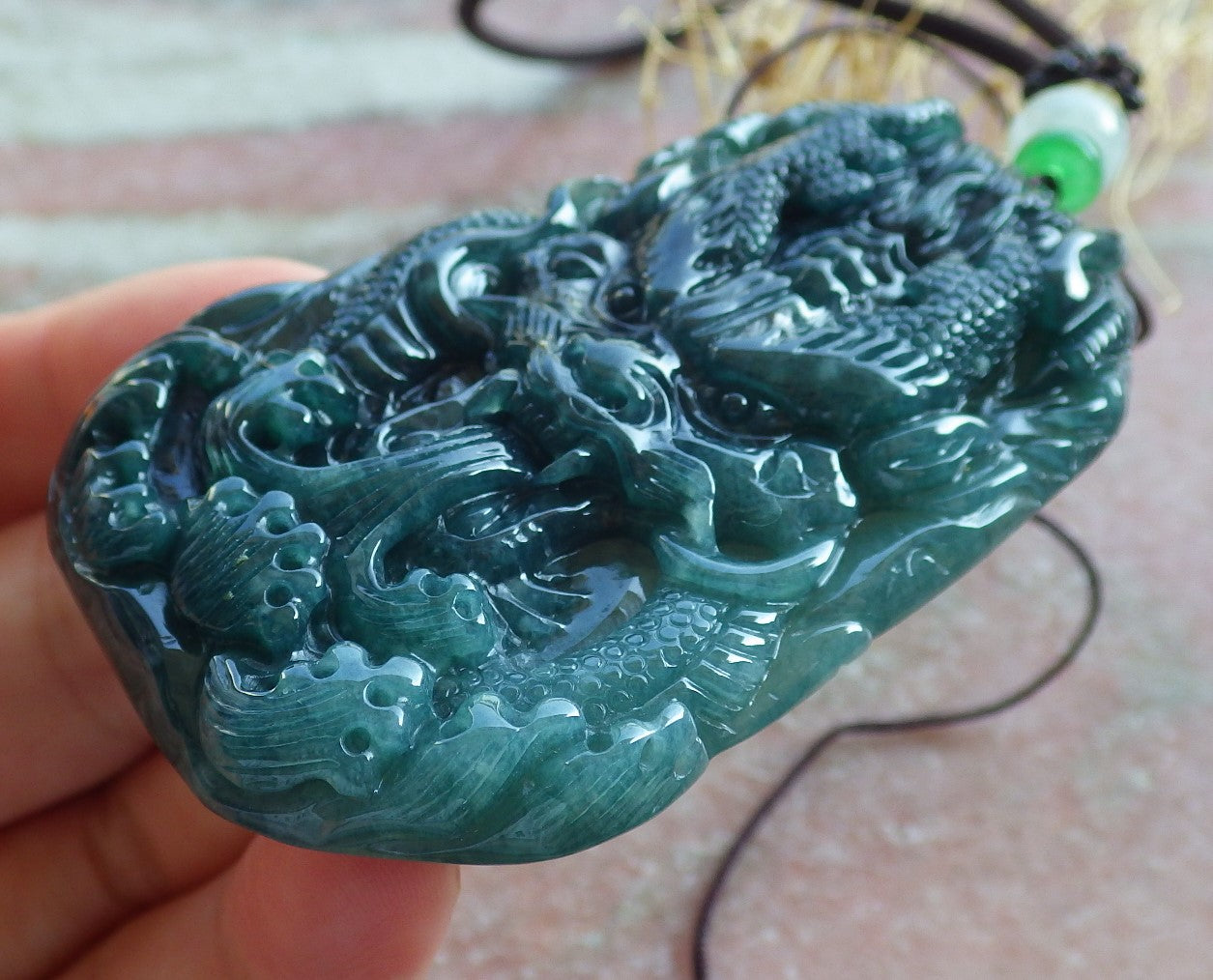 Certified Icy Green Burma 100% Natural A Jade jadeite Pendant Dragon Ruyi Necklace 生意兴隆 638524 TN