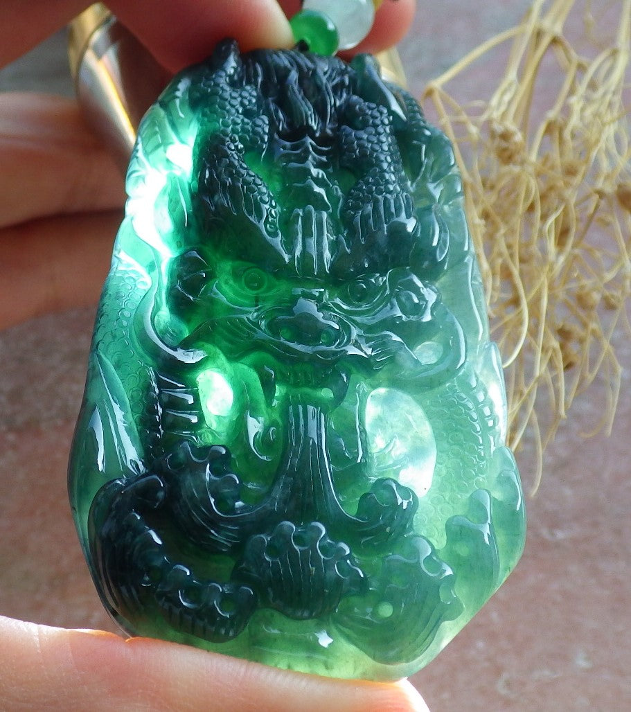 Certified Icy Green Burma 100% Natural A Jade jadeite Pendant Dragon Ruyi Necklace 生意兴隆 638524 TN