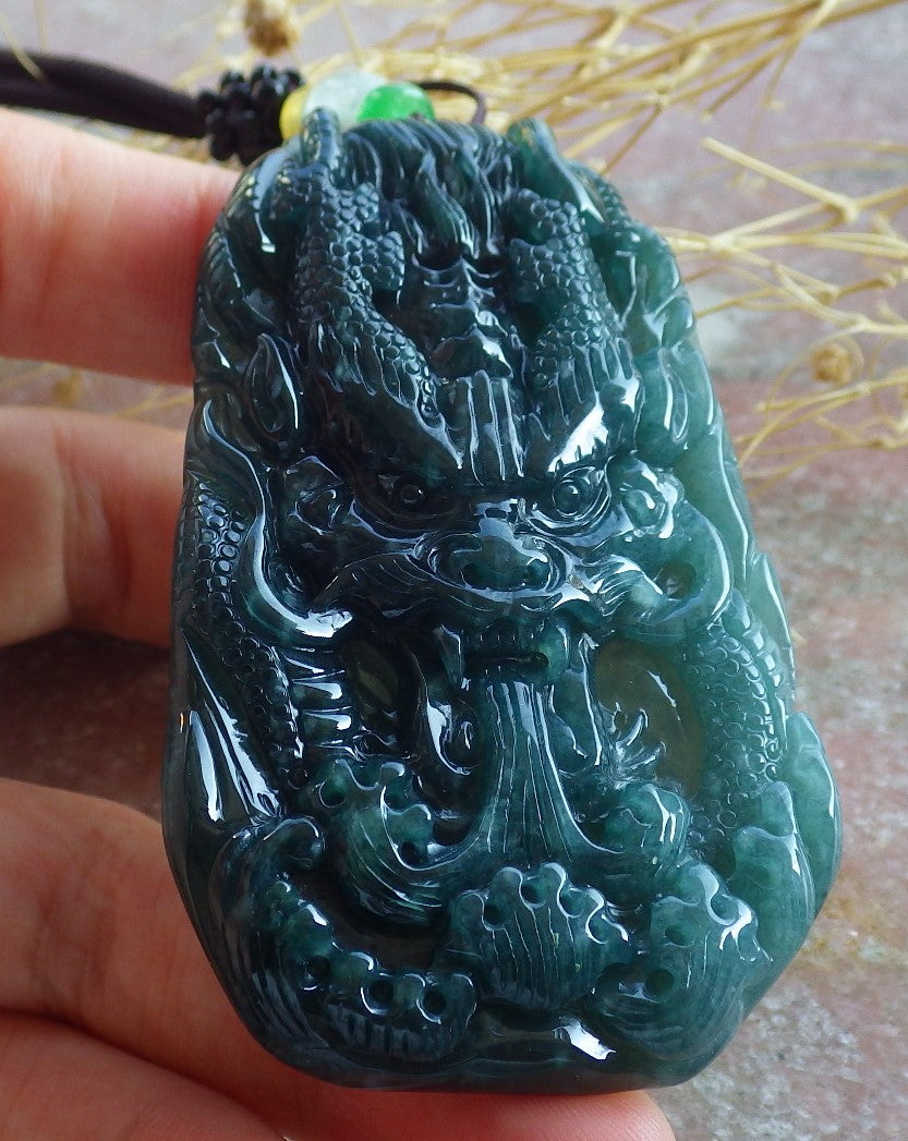 Certified Icy Green Burma 100% Natural A Jade jadeite Pendant Dragon Ruyi Necklace 生意兴隆 638524 TN