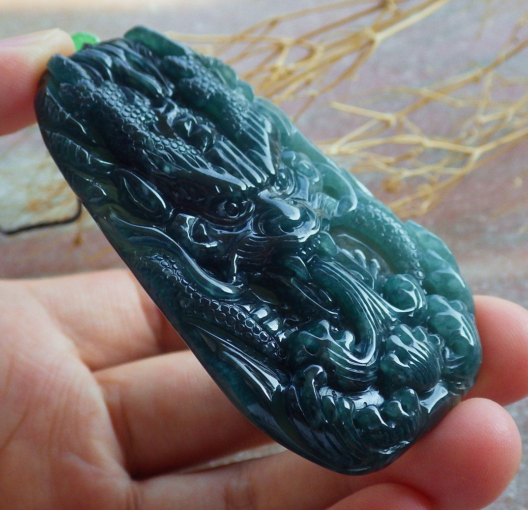 Certified Icy Green Burma 100% Natural A Jade jadeite Pendant Dragon Ruyi Necklace 生意兴隆 638524 TN