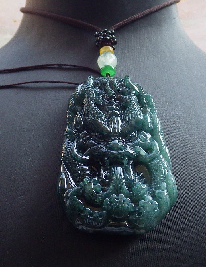 Certified Icy Green Burma 100% Natural A Jade jadeite Pendant Dragon Ruyi Necklace 生意兴隆 638524 TN