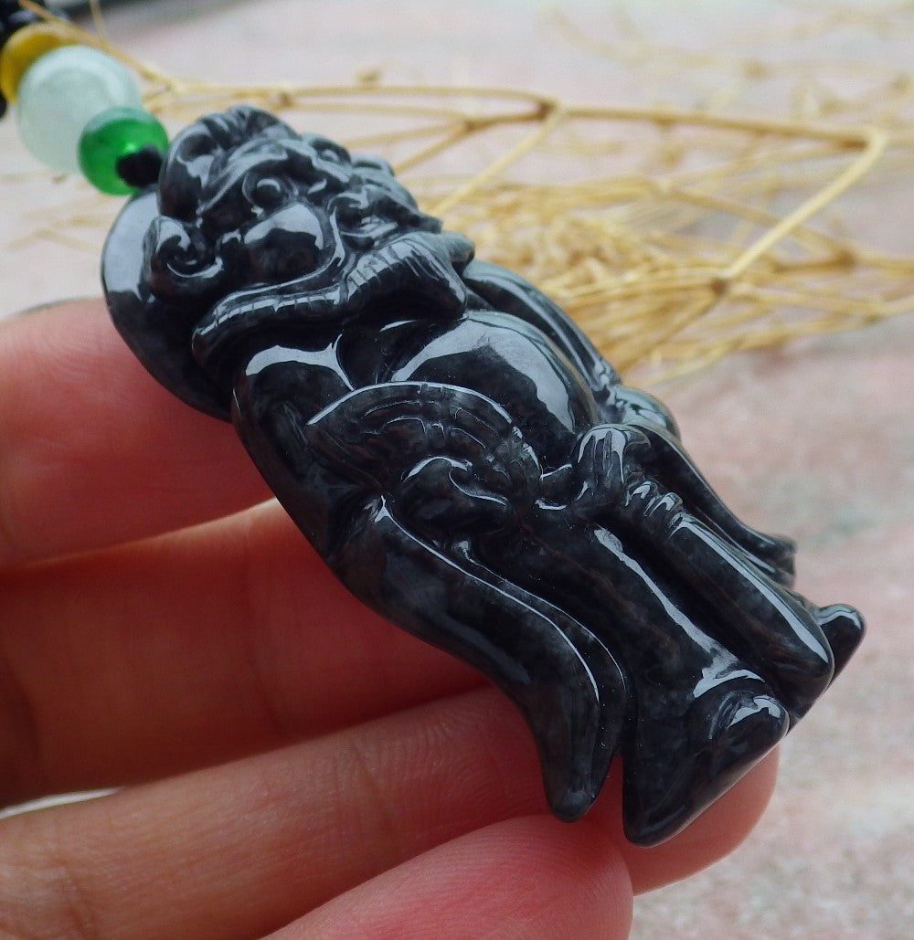 Certified Black Burma 100% Natural A Jade jadeite pendant Zhong Kui God Sword Fan Necklace 钟馗 638792 TN