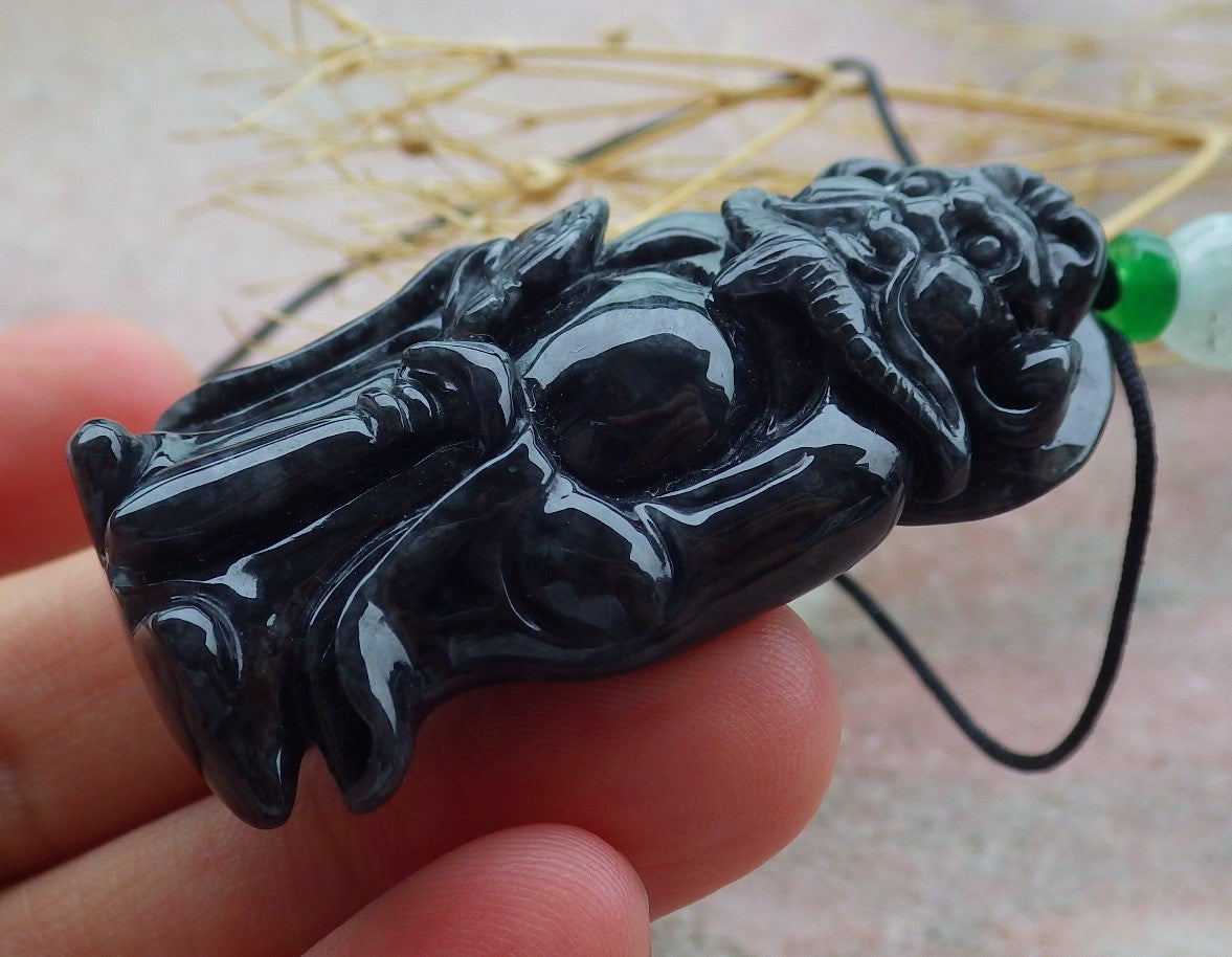 Certified Black Burma 100% Natural A Jade jadeite pendant Zhong Kui God Sword Fan Necklace 钟馗 638792 TN