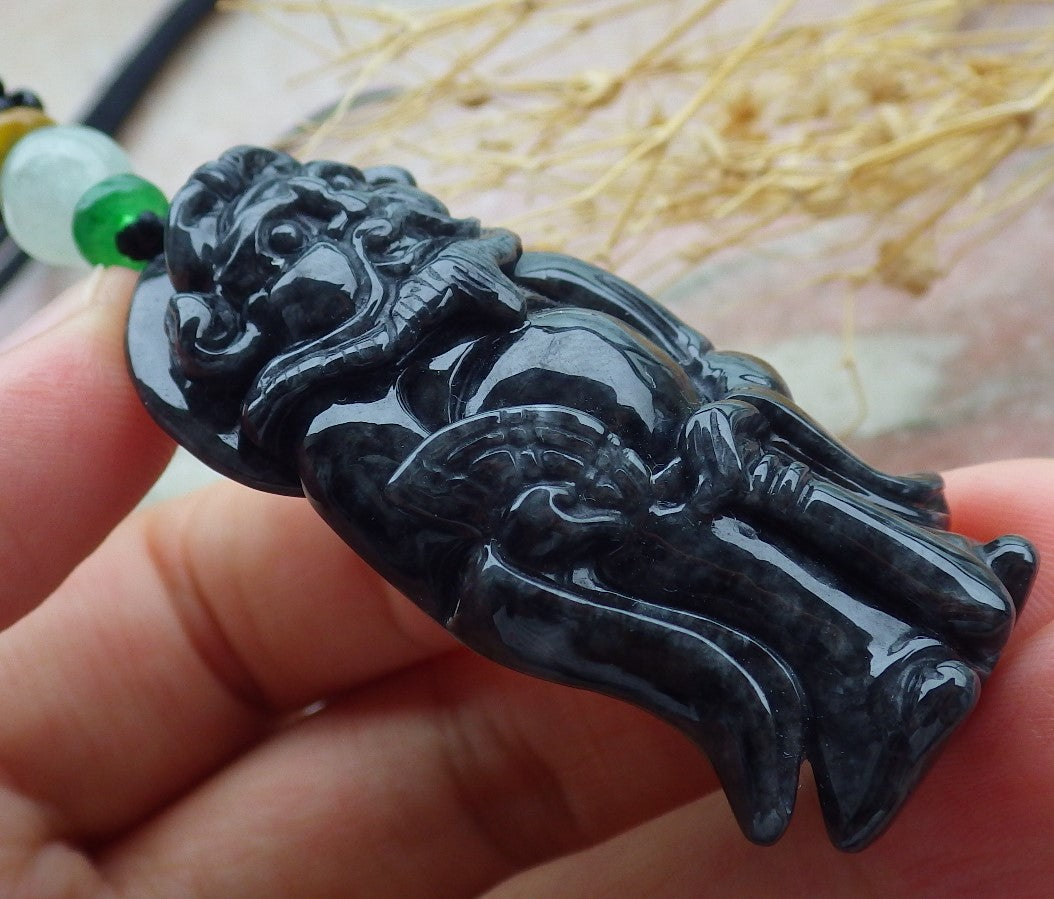 Certified Black Burma 100% Natural A Jade jadeite pendant Zhong Kui God Sword Fan Necklace 钟馗 638792 TN