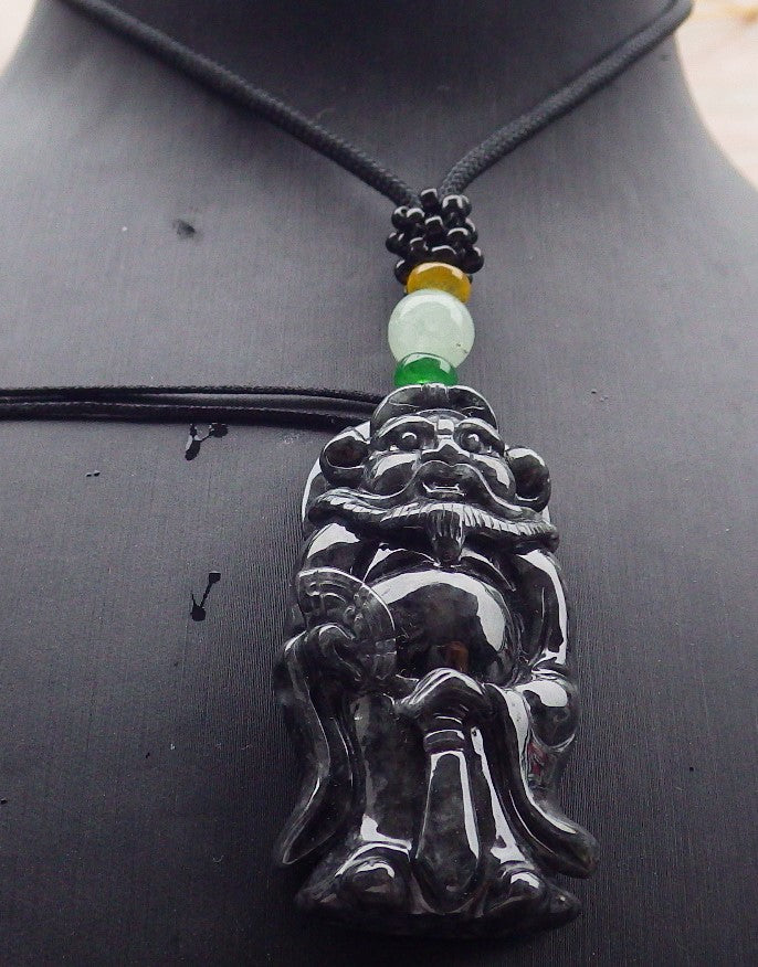 Certified Black Burma 100% Natural A Jade jadeite pendant Zhong Kui God Sword Fan Necklace 钟馗 638792 TN