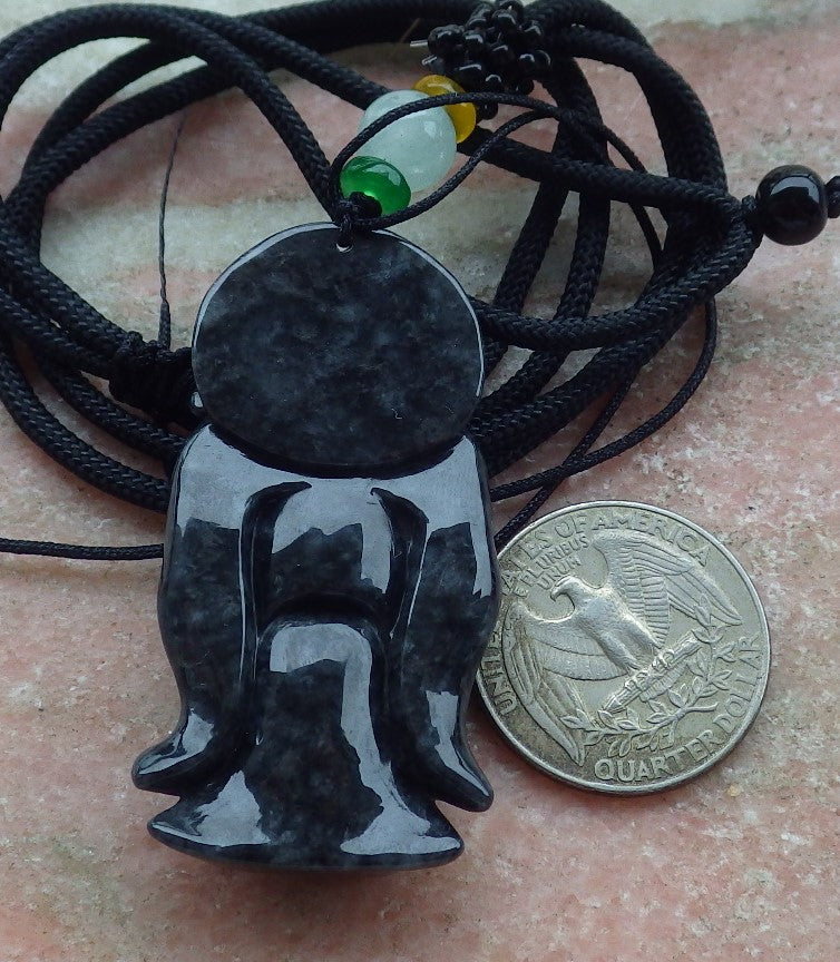 Certified Black Burma 100% Natural A Jade jadeite pendant Zhong Kui God Sword Fan Necklace 钟馗 638792 TN