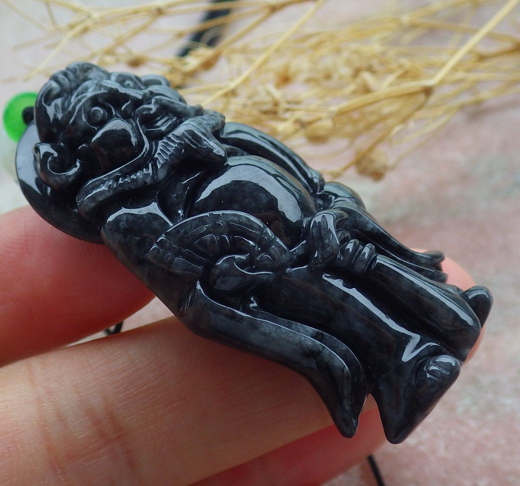 Certified Black Burma 100% Natural A Jade jadeite pendant Zhong Kui God Sword Fan Necklace 钟馗 638800 TN