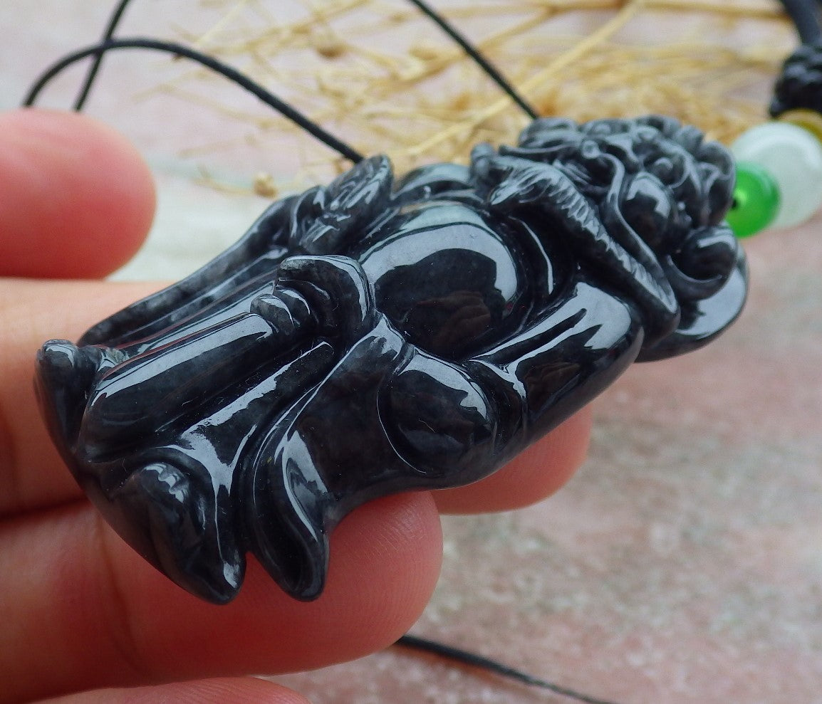 Certified Black Burma 100% Natural A Jade jadeite pendant Zhong Kui God Sword Fan Necklace 钟馗 638800 TN