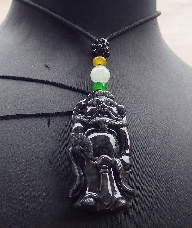 Certified Black Burma 100% Natural A Jade jadeite pendant Zhong Kui God Sword Fan Necklace 钟馗 638800 TN