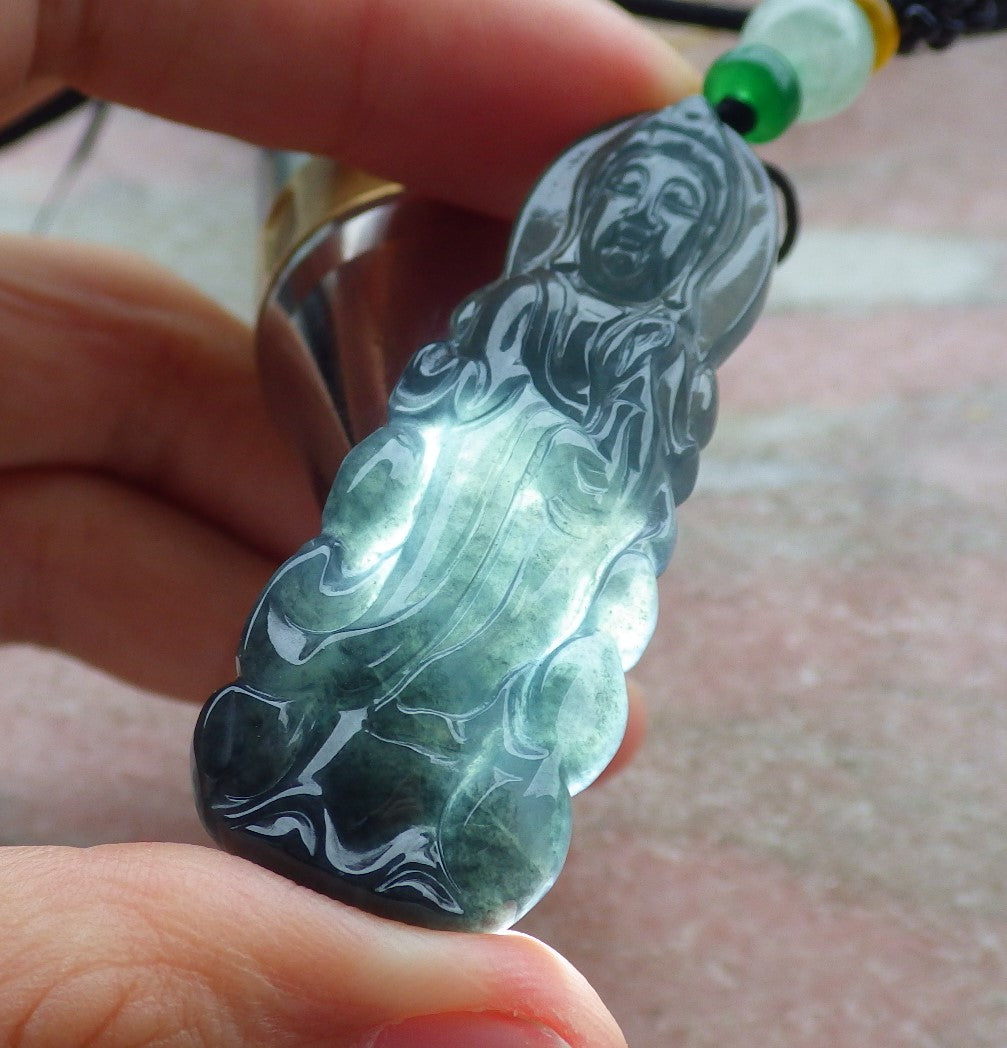 Certified Icy Green Burma 100% Natural A Jade jadeite Pendant Guanyin Kwan Yin Necklace 观音 638856 TN