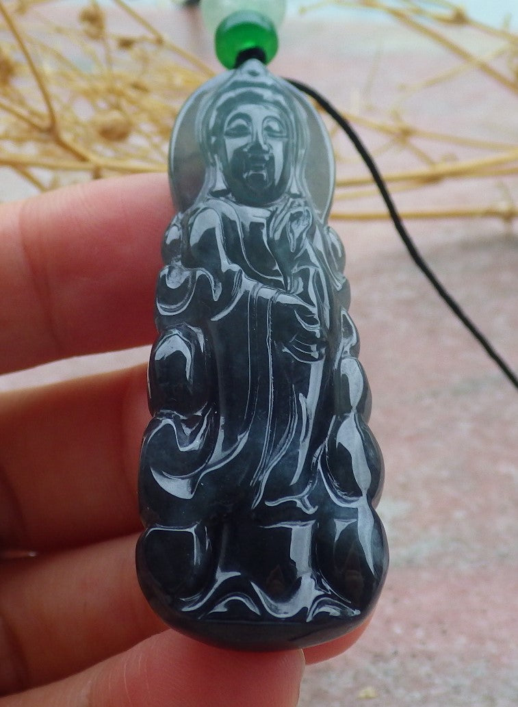 Certified Icy Green Burma 100% Natural A Jade jadeite Pendant Guanyin Kwan Yin Necklace 观音 638856 TN